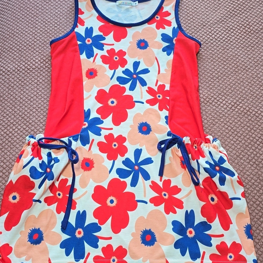 Sunshine Swing Floral Sleeveless Dress with Red and Blue Accents